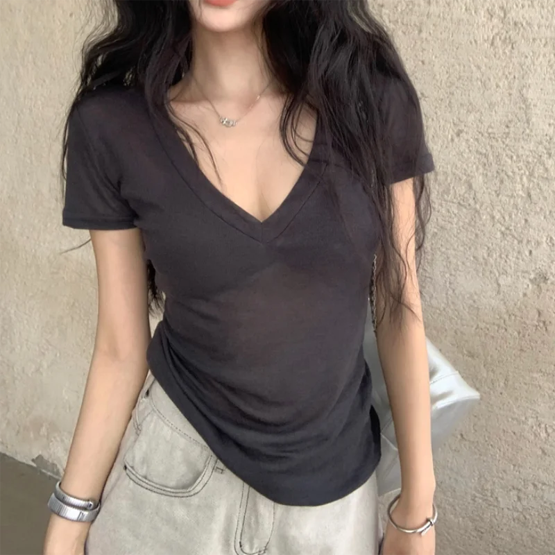 Women Short Sleeves T Shirt See Through Summer Solid Slim Casual Shirts Female Pullovers Basic Tee Y2k Clothes Streetwear Top