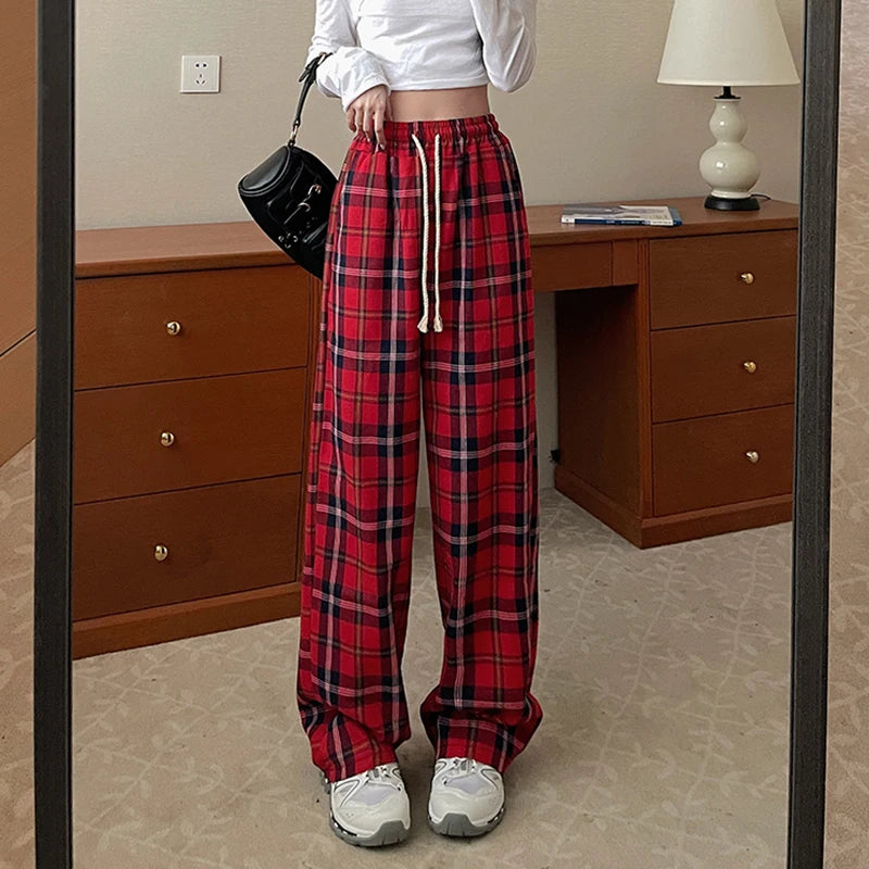 Women High Waist Y2k Loose Straight Leg Pants Lady Korean Harajuku Baggy Wide Leg Trousers Female Casual Grunge Red Plaid Slacks