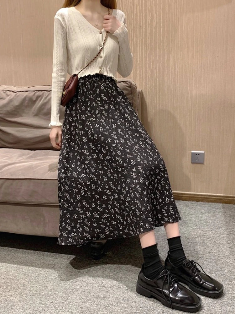 2026 Spring Summer New Mid-Length Chiffon Floral Women's Skirt Korean Style High Waist Black A-Line Skirts