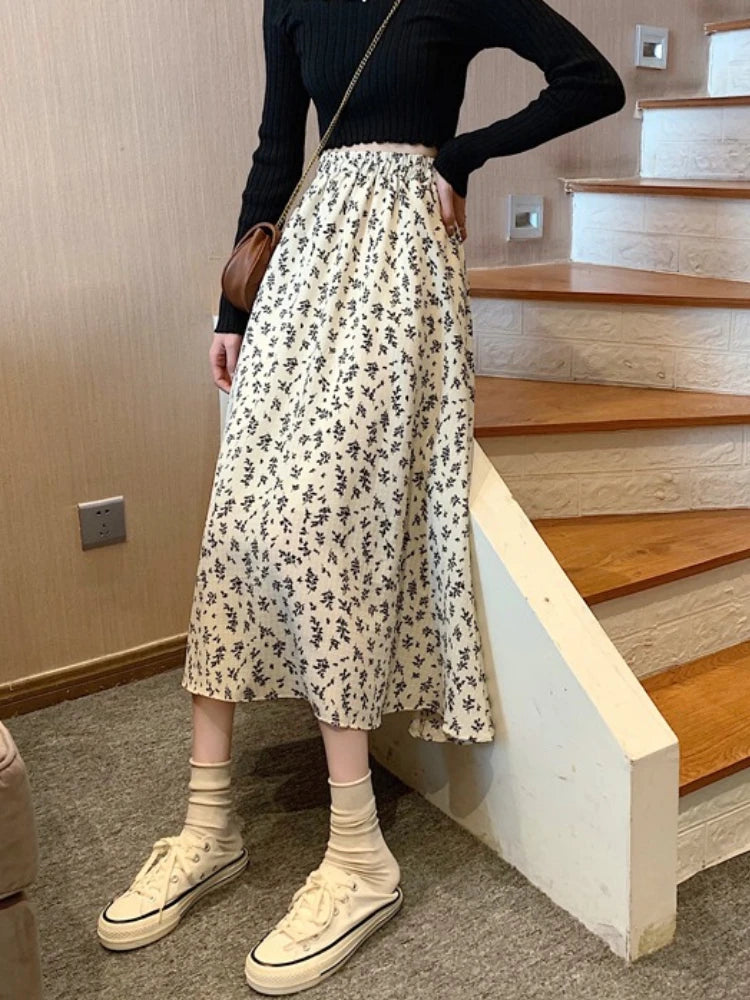 2026 Spring Summer New Mid-Length Chiffon Floral Women's Skirt Korean Style High Waist Black A-Line Skirts