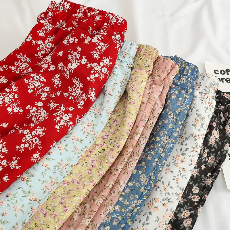 Summer Skirts Womens Vintage Floral Printed Chiffon Skirts Elastic High Waist Casual Midi A-Line Beach Skirts