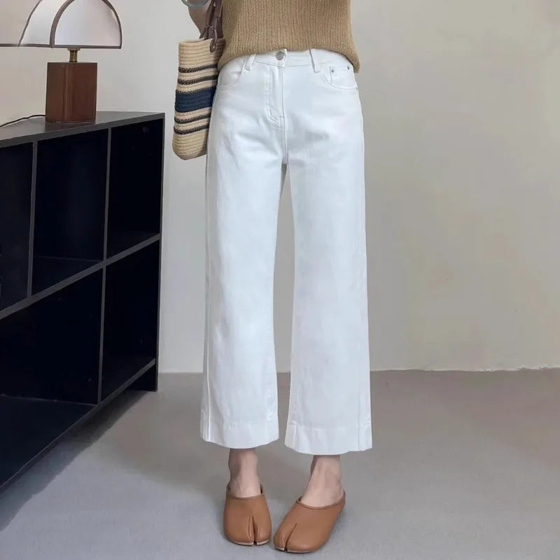 Women High Waist Wide Leg Pants Casual Loose Trousers Summer Solid Color Straight Fit Pocketed Ankle-Length Jeans