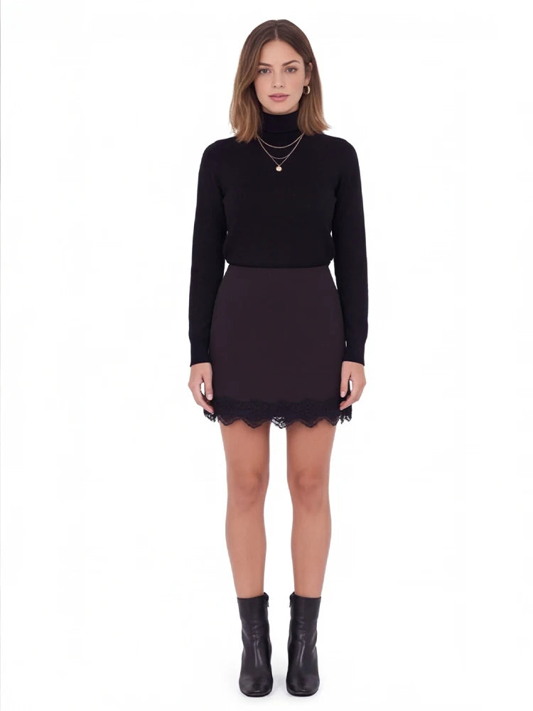 FANAN Women Fashion Solid Side Zipper Lace Hem Mini Skirts Shorts Vintage High Waist Female Chic Lady Shorts