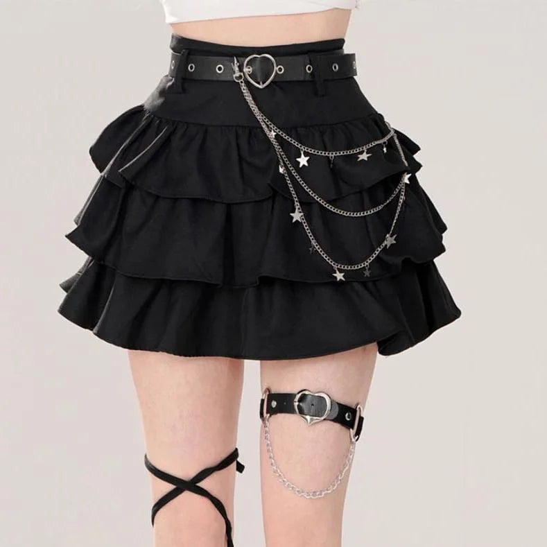 Belt Metal Chain Punk Mini Skirts for Women Summer High Waist Pleated Black Cake Skirt Woman Streetwear A Line Short Skirt Mujer