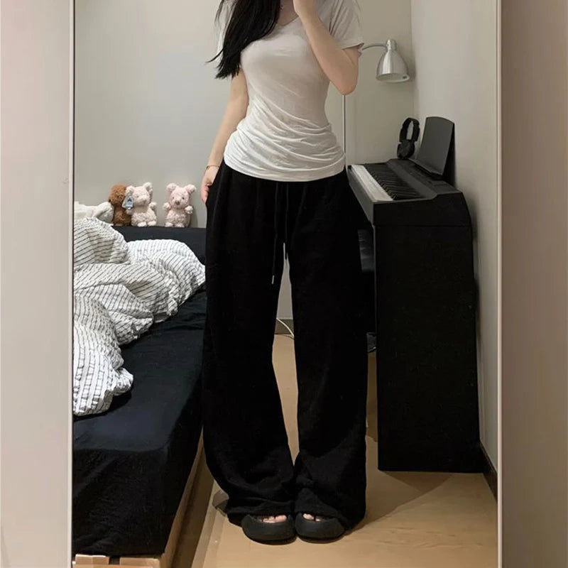 2026 Harajuku Wide Leg Sweatpants for Women Elastic Waist Casual Sport Pants Woman Streetwear Gray Oversize Sportswear Female