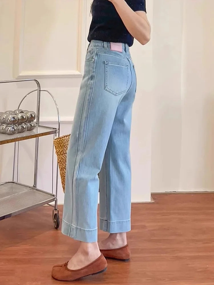 Women High Waist Wide Leg Pants Casual Loose Trousers Summer Solid Color Straight Fit Pocketed Ankle-Length Jeans