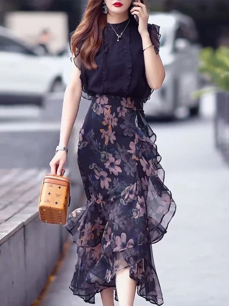 Floral Chiffon Female Skirts High Waist Ruffle Women's Skirt Irregular Vintage Clothing Sales Y2k Korean Fashion Premium Quality
