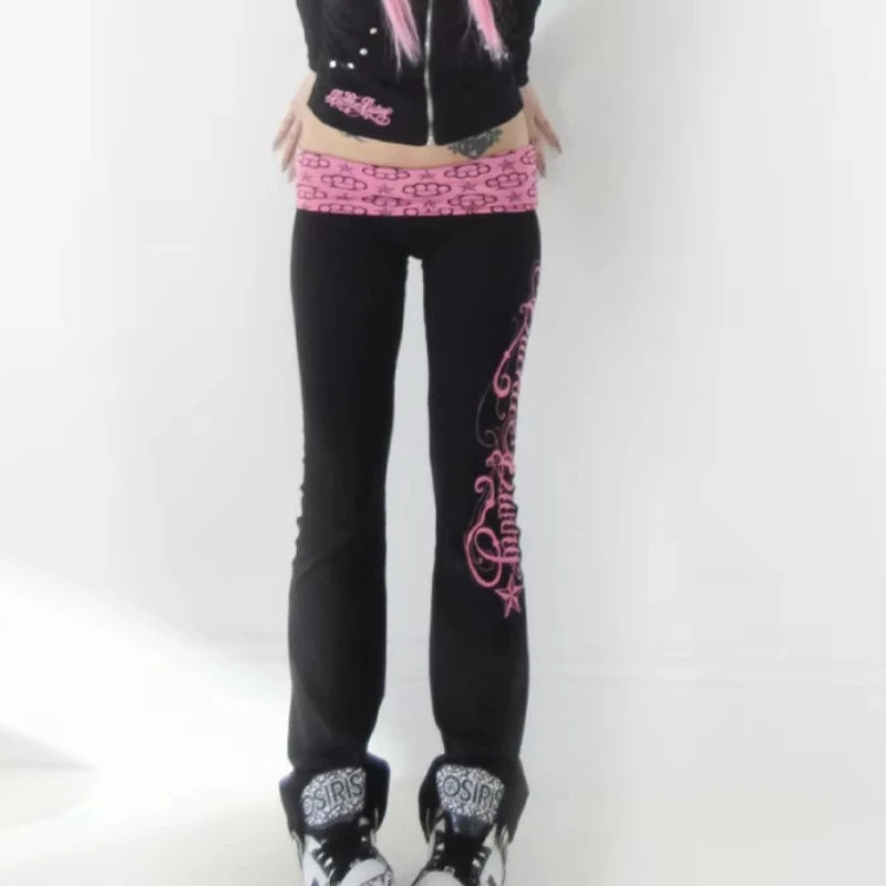 Dark Punk Gothic Street Fashion Y2K Black And Pink Contrast Casual Pants Retro Letter Printing Decorative Slim Pants Side Pants