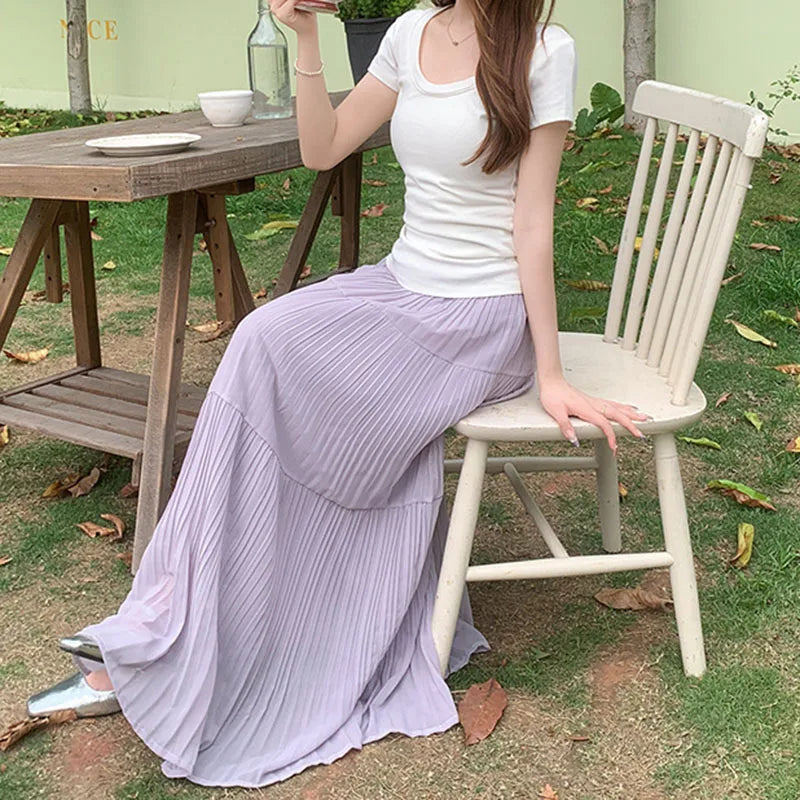 Summer New Purple Chiffon Skirts Women 2026 Streetwear High Waist Slimming Long Skirts Fairy Sheer Spliced A-line Pleated Skirt