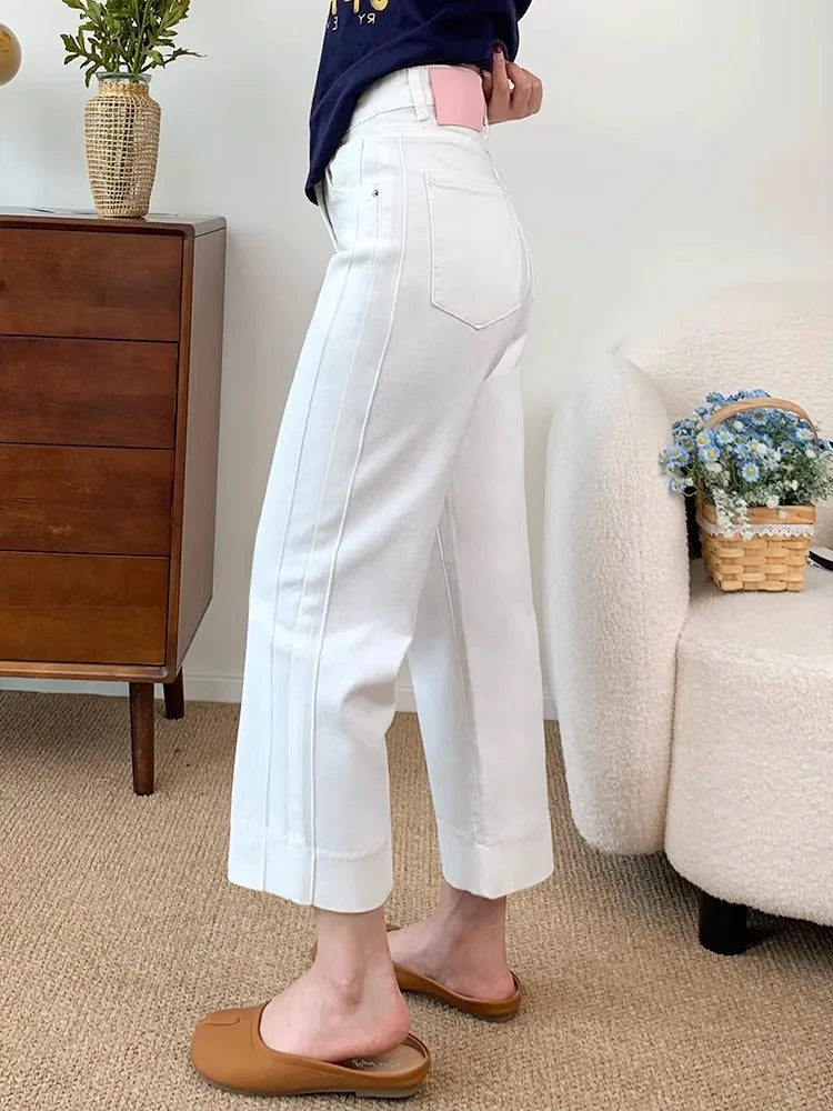 Women High Waist Wide Leg Pants Casual Loose Trousers Summer Solid Color Straight Fit Pocketed Ankle-Length Jeans