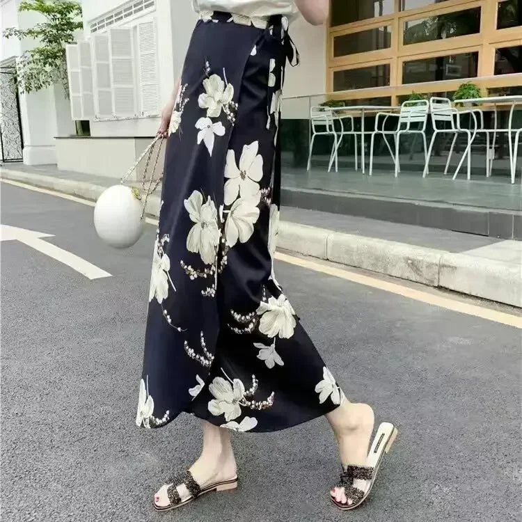 Wrap Skirts Women Casual Chiffon Tie-Waist Ruffle Wide Leg Loose One Piece Split Print Holiday Bodycon Skirt Women