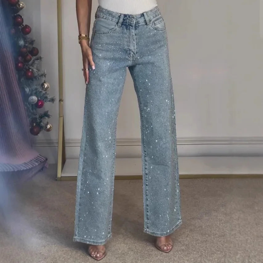 Straight Jeans for Women Diamonds Pants Stretch High Waist Washed Distressed Pockets Vintage Denims Streetwear Female Trousers