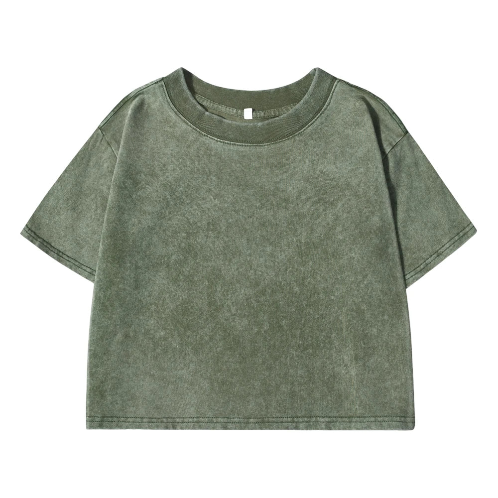 Solid Slim Washed T-Shirt Female Rhinestone Craft Cotton Streetwear Casual Sport Short Sleeve Cool Retro Crop Clothing For Women
