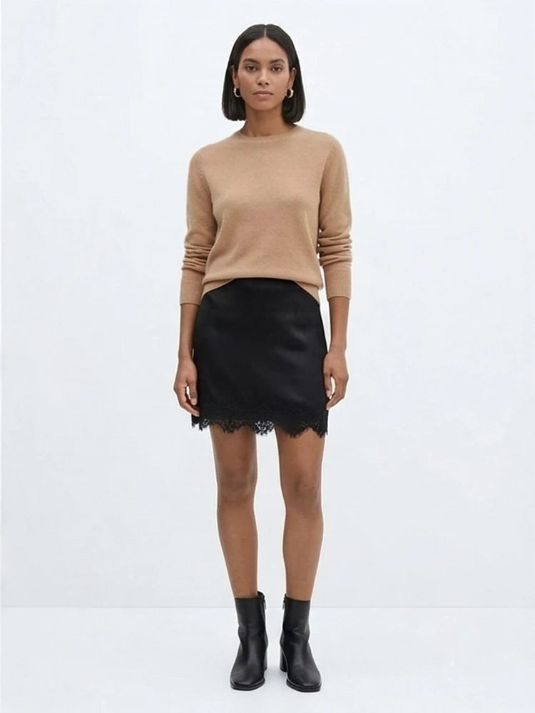 FANAN Women Fashion Solid Side Zipper Lace Hem Mini Skirts Shorts Vintage High Waist Female Chic Lady Shorts