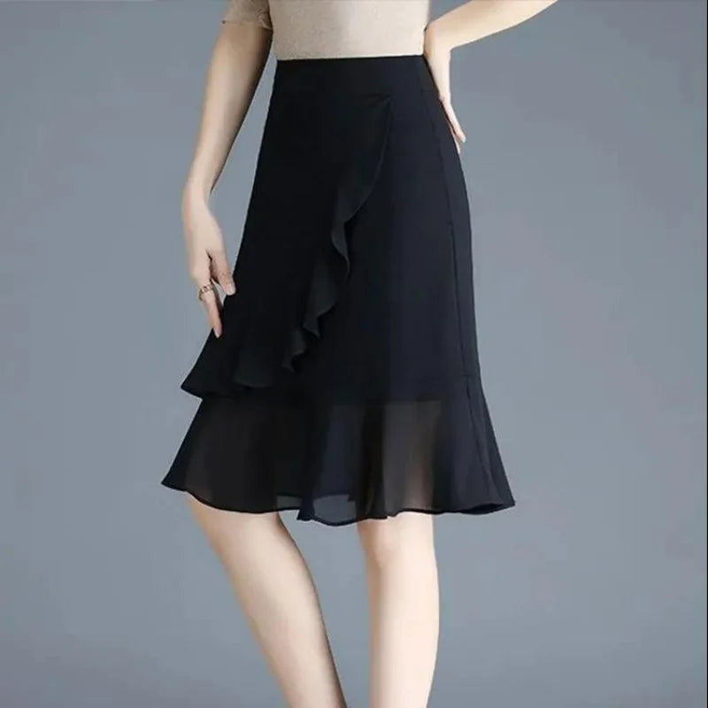 Korean Fashion Women Black Chiffon Half Skirts Summer New Office Lady Elastic High Waist Ruffles All-match Slim Fishtail Skirt