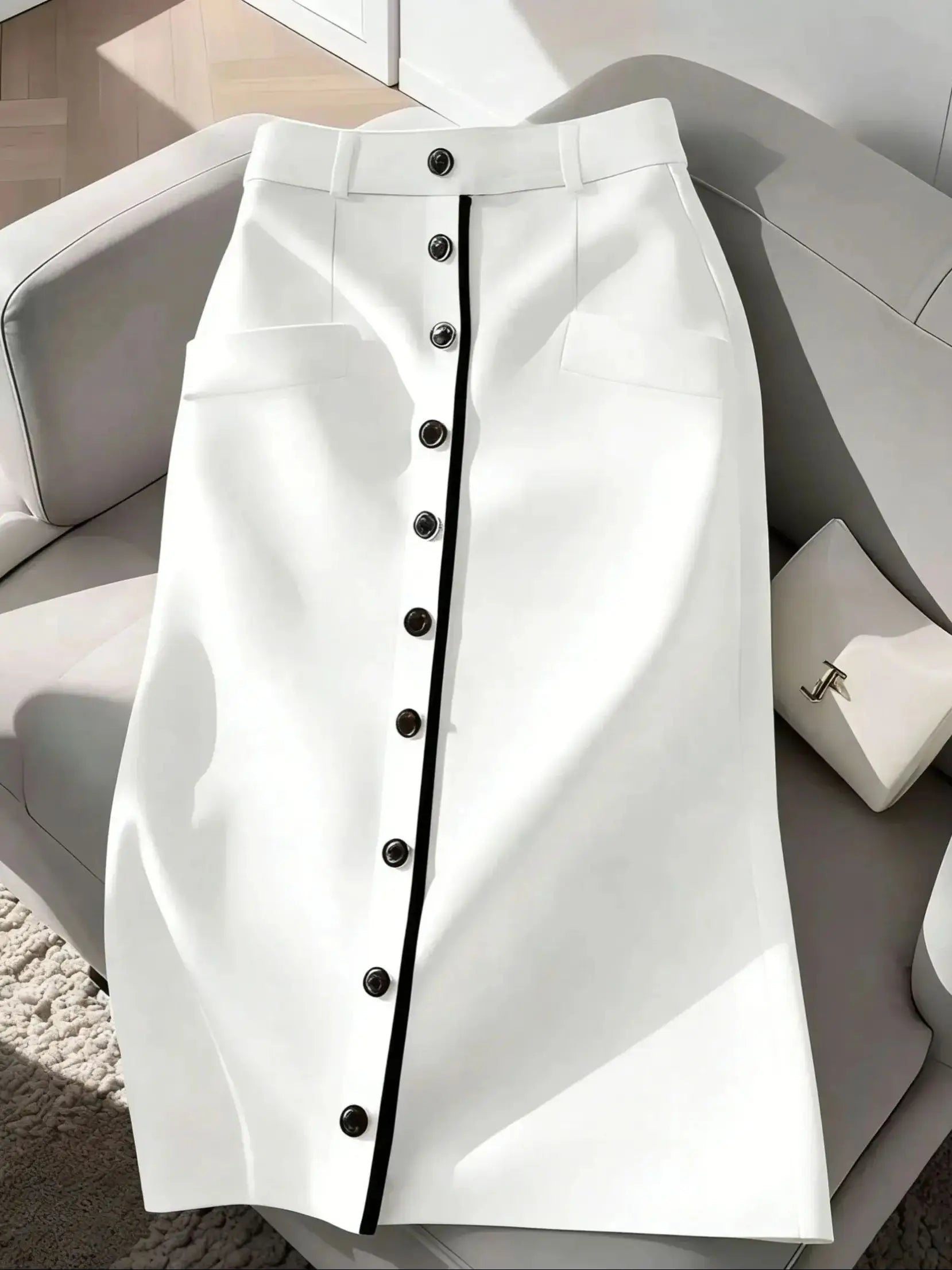 Women's  Button Down Midi Skirt - Formal High Waist Pocket Split Skirt with Contrast Piping for Office & Casual Wear