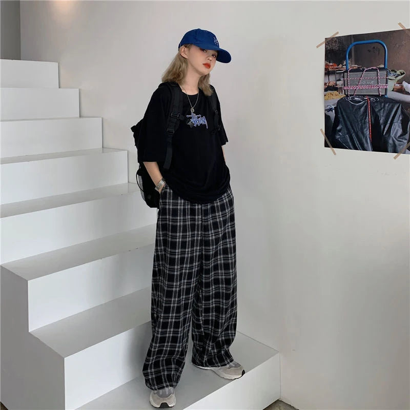 S-3Xl Plaid Wide Leg Pants Women Harajuku Oversized Sweatpants Streetwear Vintage High Waist Baggy Joggers All Match Trousers