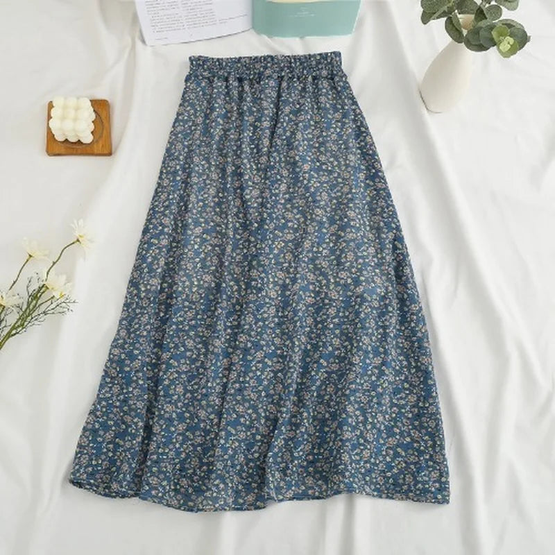 Summer Skirts Womens Vintage Floral Printed Chiffon Skirts Elastic High Waist Casual Midi A-Line Beach Skirts