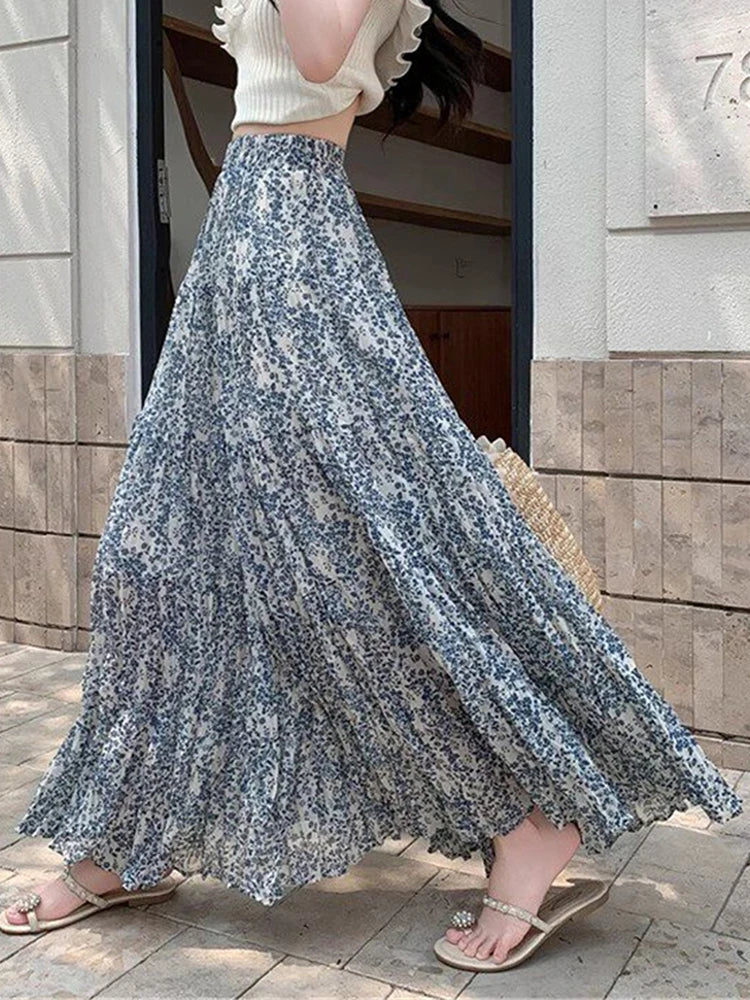 Chiffon Floral Long Skirt Women Elegant Sweet High Waist Fashion Skirts Summer Loose Casual Female Soft Pleated Chic Skirt New