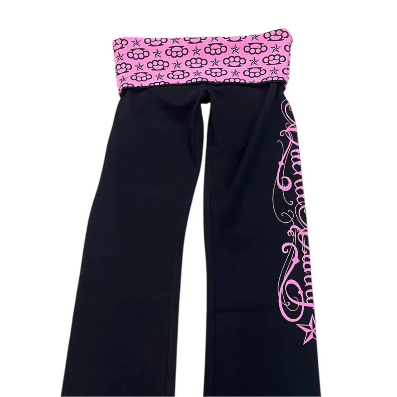 Dark Punk Gothic Street Fashion Y2K Black And Pink Contrast Casual Pants Retro Letter Printing Decorative Slim Pants Side Pants