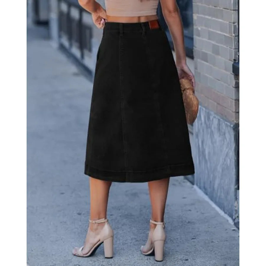 luvamia Jean Skirts for Women Trendy Midi Length A Line Western Casual Button Down Stretchy Denim Skirt with Pockets