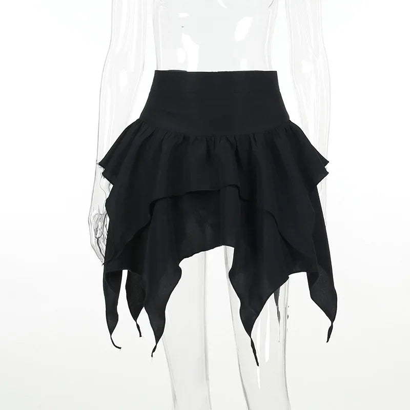 Gothic Punk Irregular Skirts New Sexy Women Solid Color Drawstring Tie-Up Ruched Ruffles Mini Skirt Summer Fashion Short Skirts