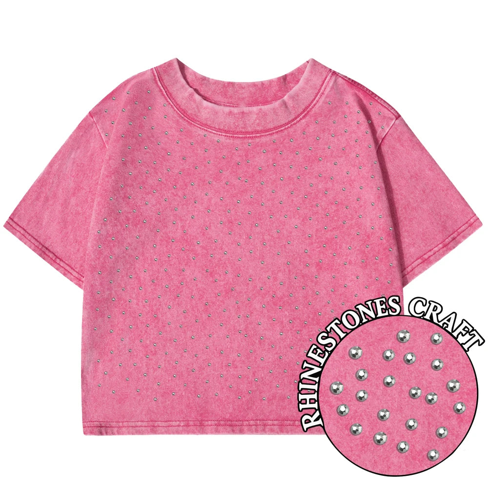 Solid Slim Washed T-Shirt Female Rhinestone Craft Cotton Streetwear Casual Sport Short Sleeve Cool Retro Crop Clothing For Women