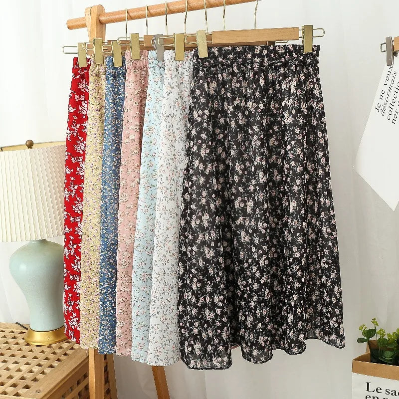 Summer Skirts Womens Vintage Floral Printed Chiffon Skirts Elastic High Waist Casual Midi A-Line Beach Skirts