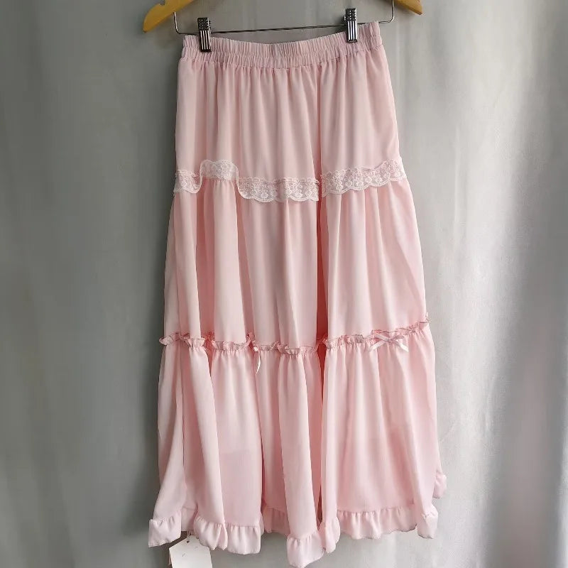 Ezgaga Sweet Skirts Women Bowknot Lace Patchwork Stretch High Waist Spring 2026 Fashion Elegant Long Skirt Female Casual