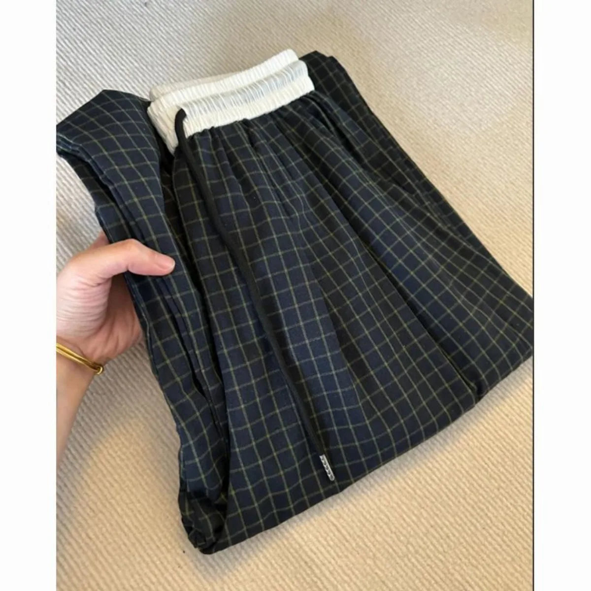 Summer Black Checkered Loose Wide Leg Summer Casual and Stylish Pants for Women Elastic Waistband Drawstring Straight Leg Pants