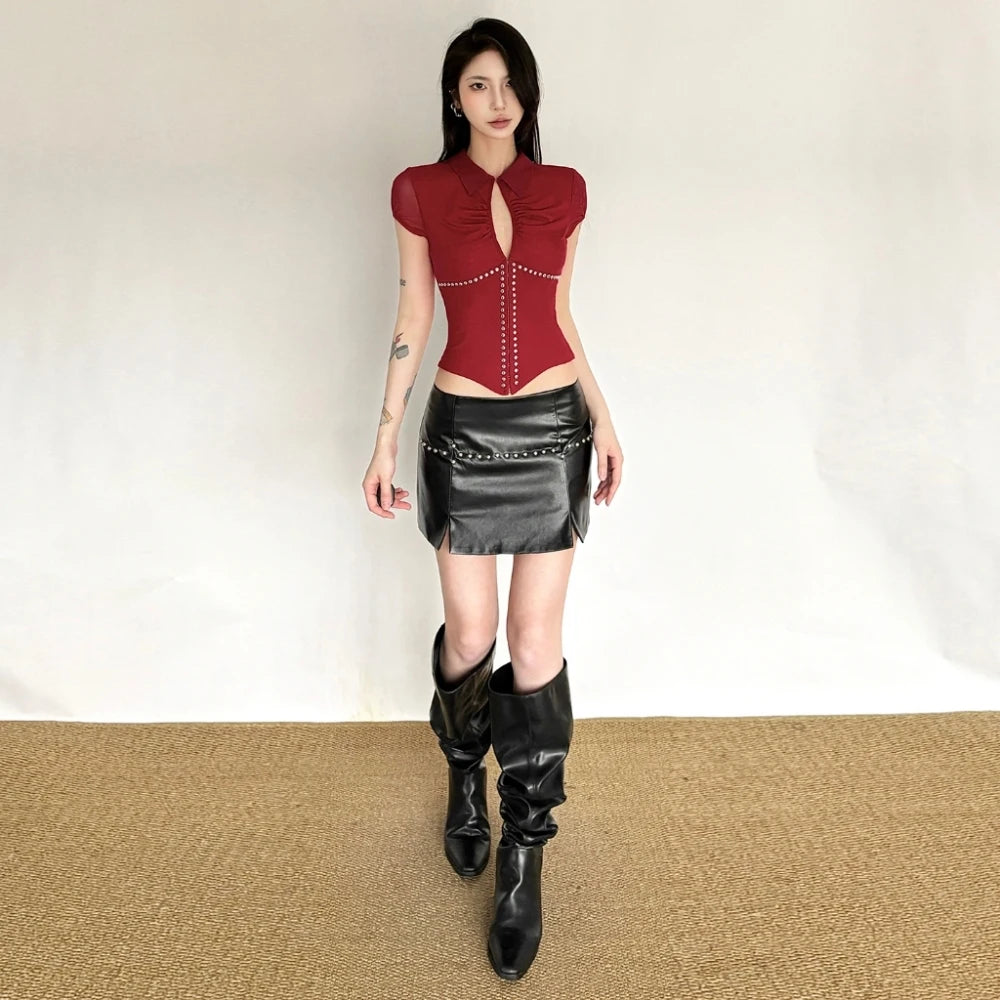 SylCue Faux Leather Mini Skirts Woman Summer Trend Elastic Waist Rivet Decoration Splits Design Hot Girls High Street Bottoms