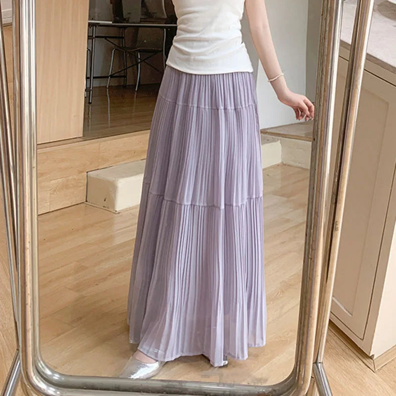 Summer New Purple Chiffon Skirts Women 2026 Streetwear High Waist Slimming Long Skirts Fairy Sheer Spliced A-line Pleated Skirt