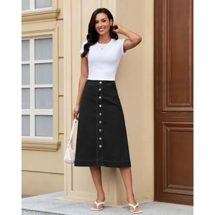 luvamia Jean Skirts for Women Trendy Midi Length A Line Western Casual Button Down Stretchy Denim Skirt with Pockets