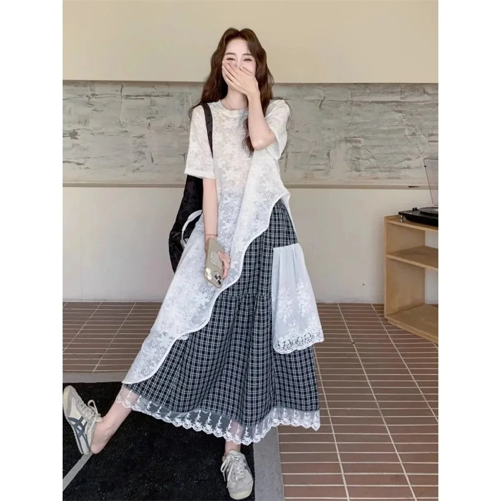 Retro Plaid Pleated Skirt Lace Patchwork Irregular Patchwork Long Skirts Women Students Casual Loose High Waist Sweet Skirts