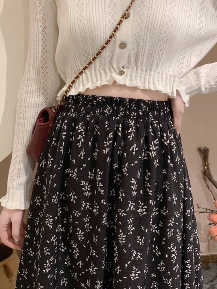 2026 Spring Summer New Mid-Length Chiffon Floral Women's Skirt Korean Style High Waist Black A-Line Skirts
