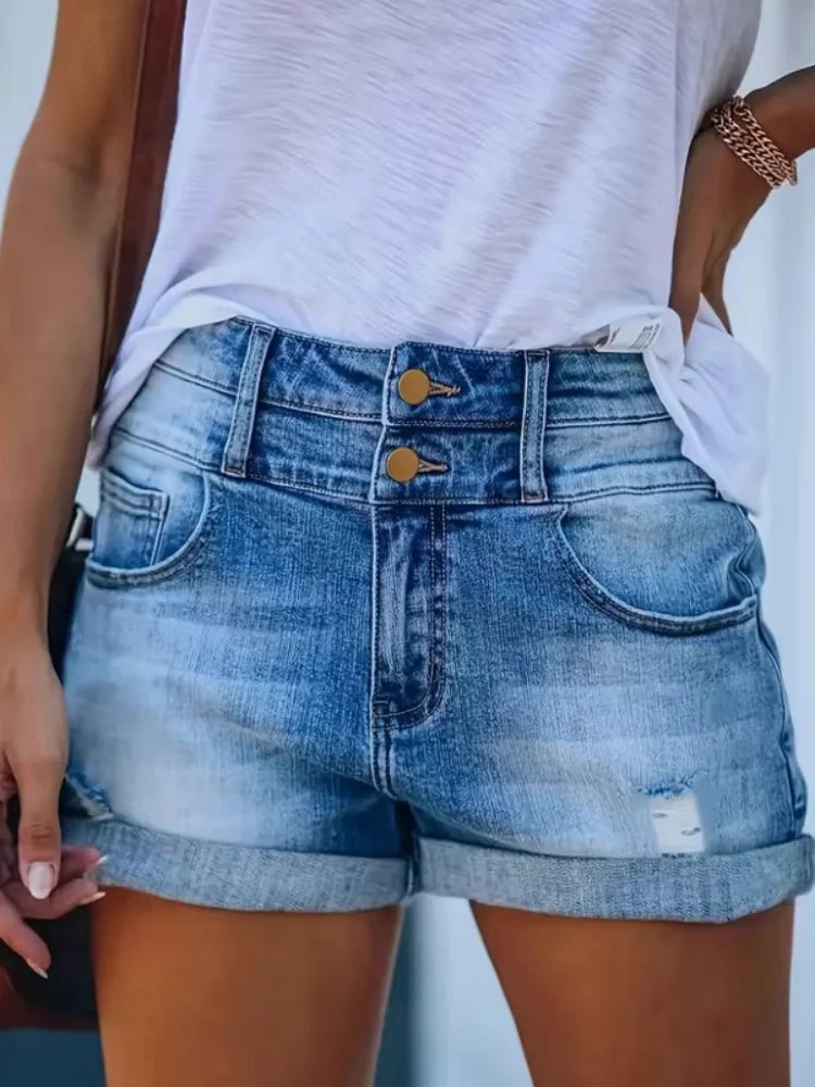 Summer Students Denim Shorts Female Harajuku Hole Jeans Elastic Waist Double Button Pocket Skinny Trousers Short Micro Pants
