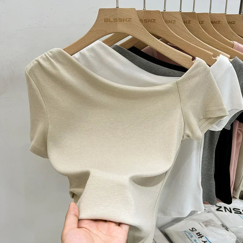 Womens Long Sleeve Off Shoulder T Shirts 2026 Tight Knit Sexy Slim Fitted Casual Women's Basic Tops Cropped T-Shirt New