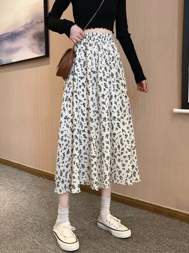 2026 Spring Summer New Mid-Length Chiffon Floral Women's Skirt Korean Style High Waist Black A-Line Skirts