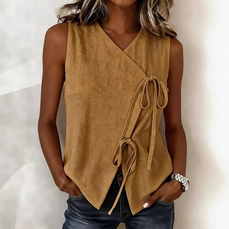 New Fashion Knot Vest Women Tank Tops V Neck Sleeveless Women T-Shirts Blue Loose Tee Tops Summer Casual T Shirt Women Pullovers