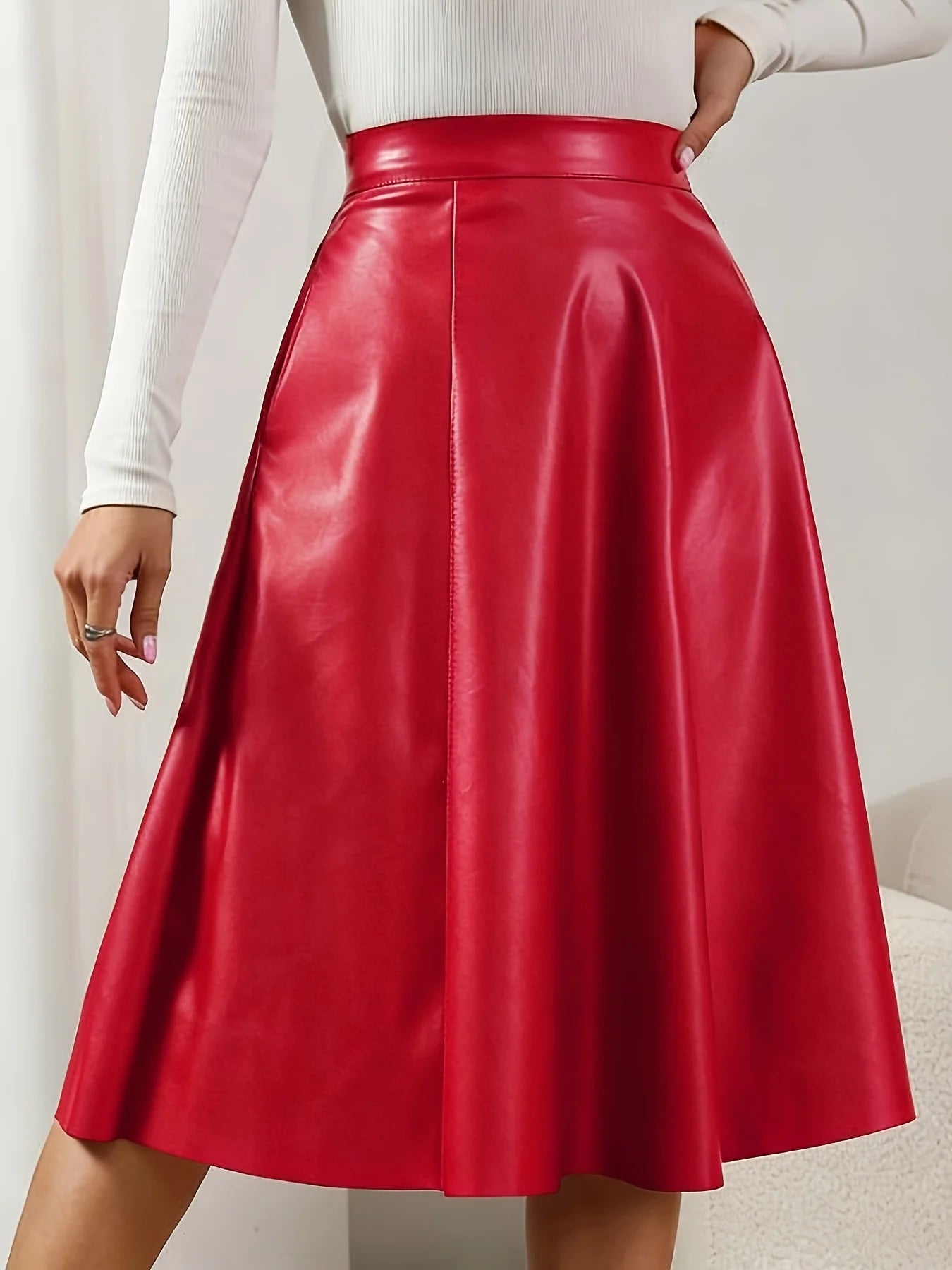 Retro Textured Pu Leather Skirt, High-Waisted A-Line Skirt, Casual and Versatile Women's Clothing