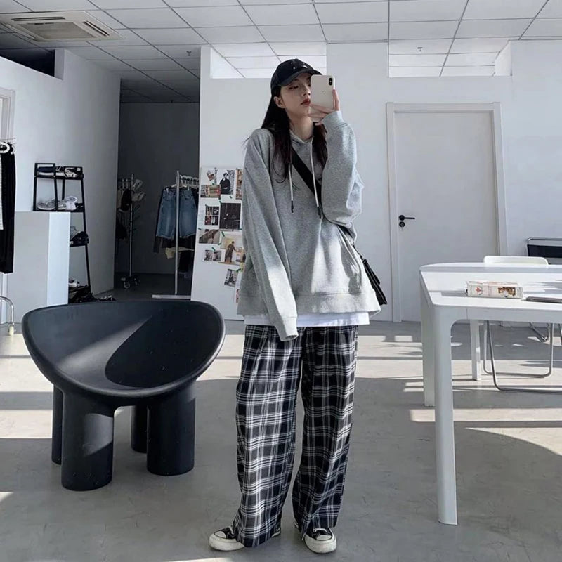 S-3Xl Plaid Wide Leg Pants Women Harajuku Oversized Sweatpants Streetwear Vintage High Waist Baggy Joggers All Match Trousers