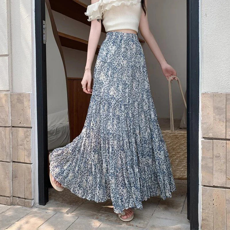 Chiffon Floral Long Skirt Women Elegant Sweet High Waist Fashion Skirts Summer Loose Casual Female Soft Pleated Chic Skirt New