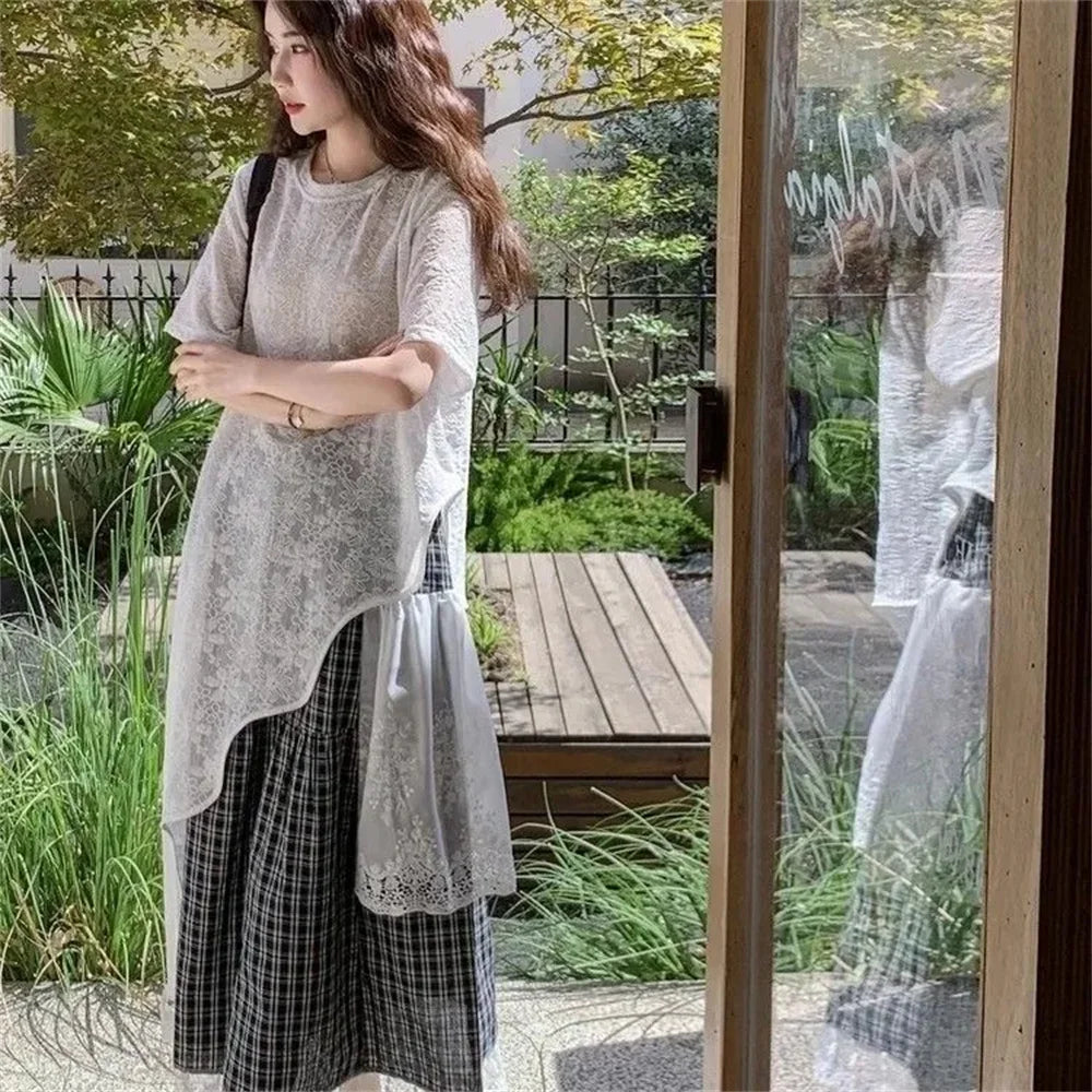 Retro Plaid Pleated Skirt Lace Patchwork Irregular Patchwork Long Skirts Women Students Casual Loose High Waist Sweet Skirts