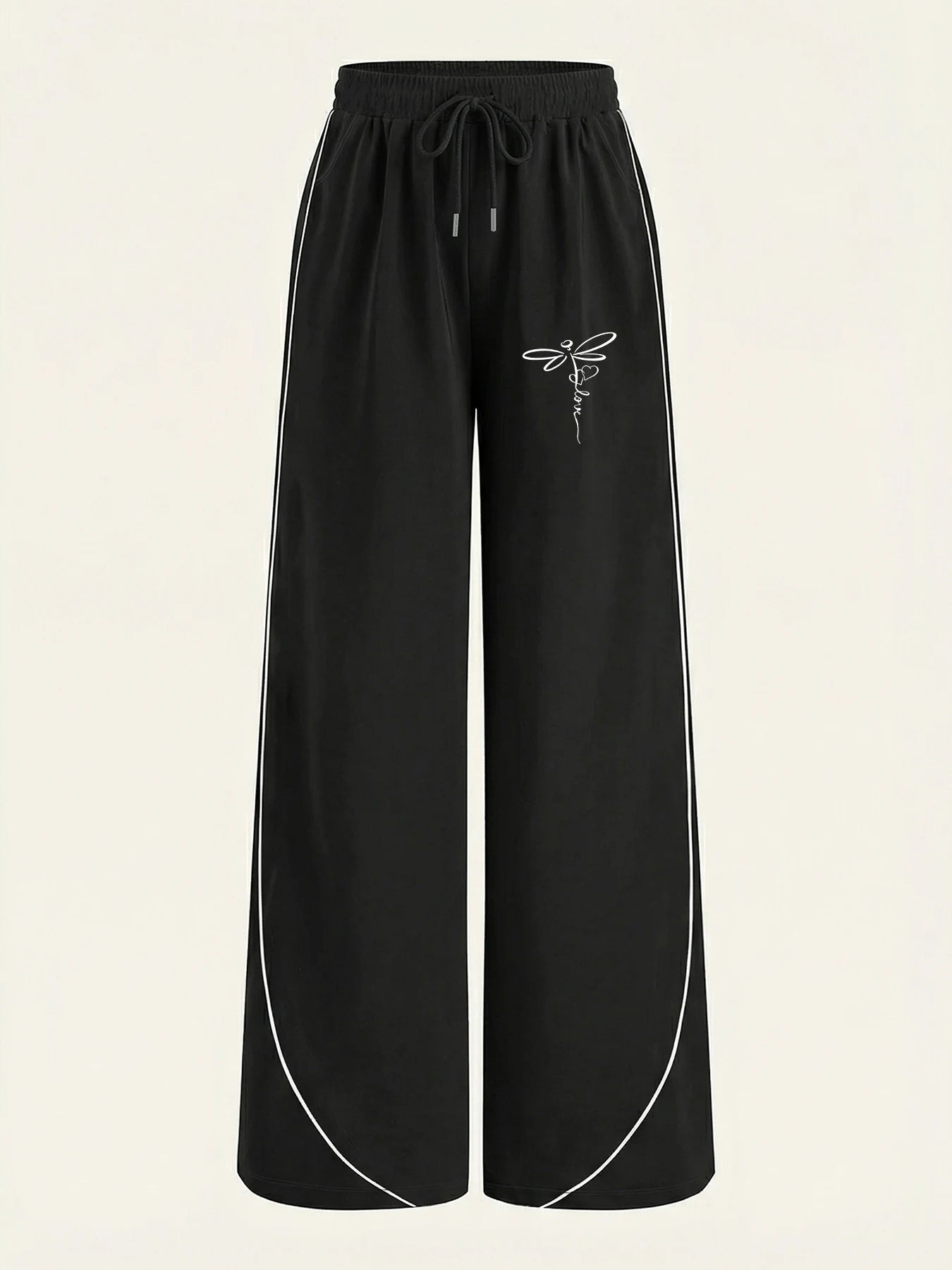 Women's Casual Pants, a Must-Have for Trendy Looks, Summer Fresh Artistic Style with Dragonfly Love Line Print, Color-Blocked Wide-Leg Casual Pants with White Side Stripe Design, Loose Fit with Strong Drape Effect, Slimming a