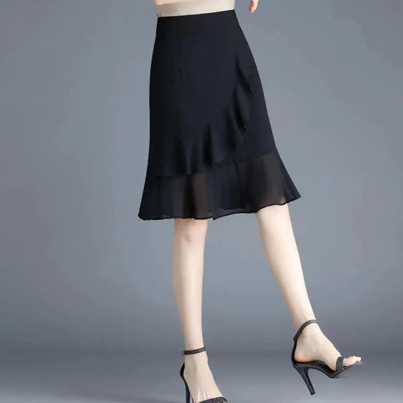 Korean Fashion Women Black Chiffon Half Skirts Summer New Office Lady Elastic High Waist Ruffles All-match Slim Fishtail Skirt
