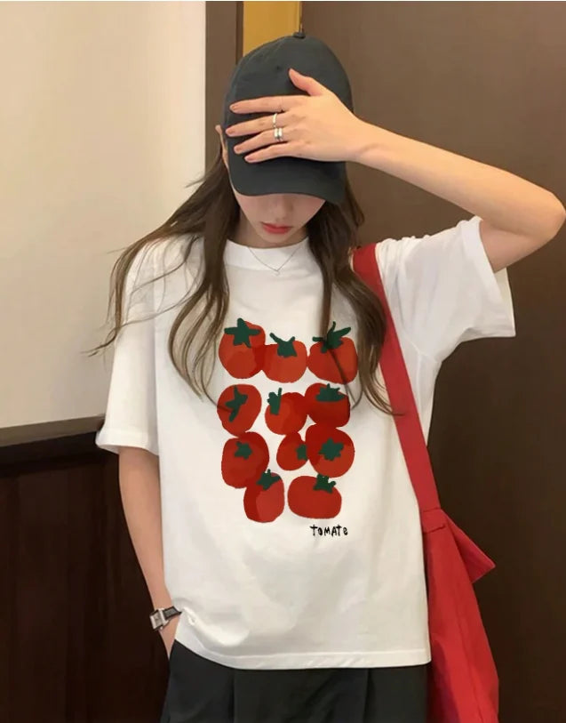 Cute Tomato Print Short Sleeve T-shirt Versatile Minimalist Crew Neck Tee Casual Korean Style Food Graphic Top for Women Girl