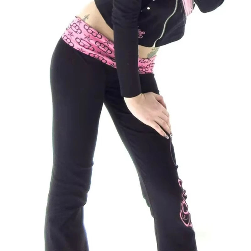 Dark Punk Gothic Street Fashion Y2K Black And Pink Contrast Casual Pants Retro Letter Printing Decorative Slim Pants Side Pants