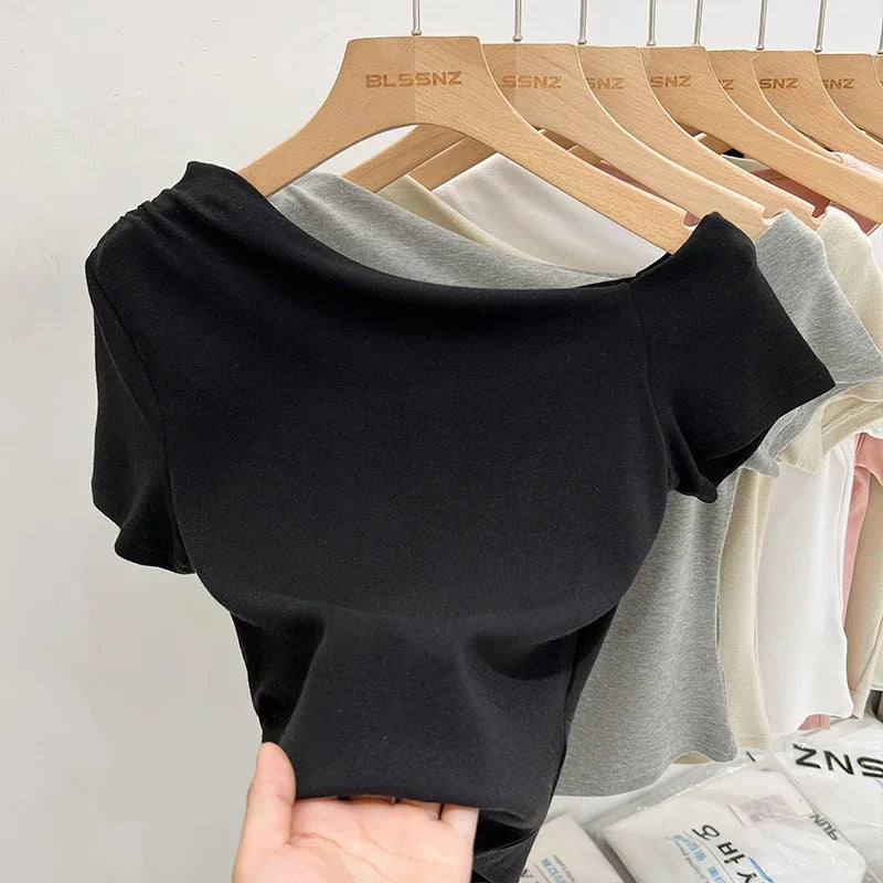 Womens Long Sleeve Off Shoulder T Shirts 2026 Tight Knit Sexy Slim Fitted Casual Women's Basic Tops Cropped T-Shirt New