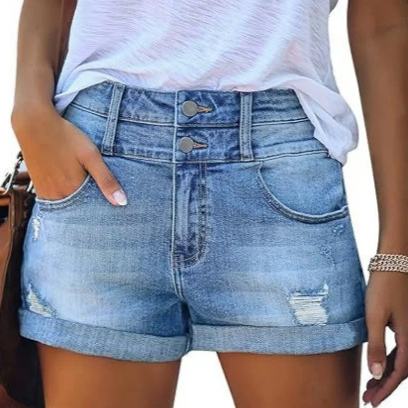 Summer Students Denim Shorts Female Harajuku Hole Jeans Elastic Waist Double Button Pocket Skinny Trousers Short Micro Pants
