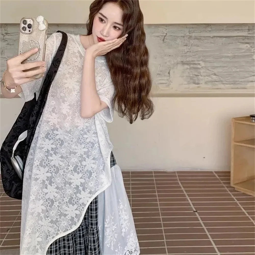 Retro Plaid Pleated Skirt Lace Patchwork Irregular Patchwork Long Skirts Women Students Casual Loose High Waist Sweet Skirts